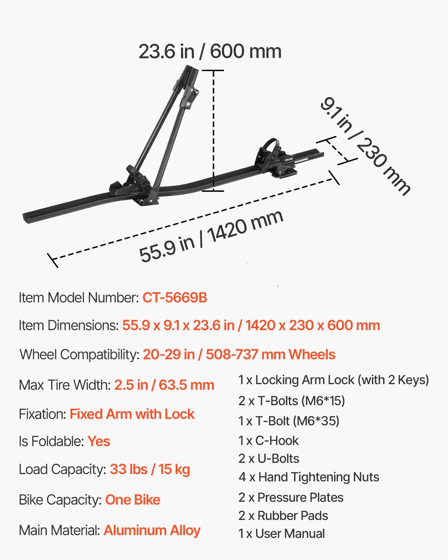 Roof Bike Rack, 15 kg Capacity, Upright Roof Mount Bicycle Rack with Secure Locking System for Most Standard Crossbars, Aluminum Upright Rooftop Bike Rack, 1 Bike Carrier for Car SUV, Black