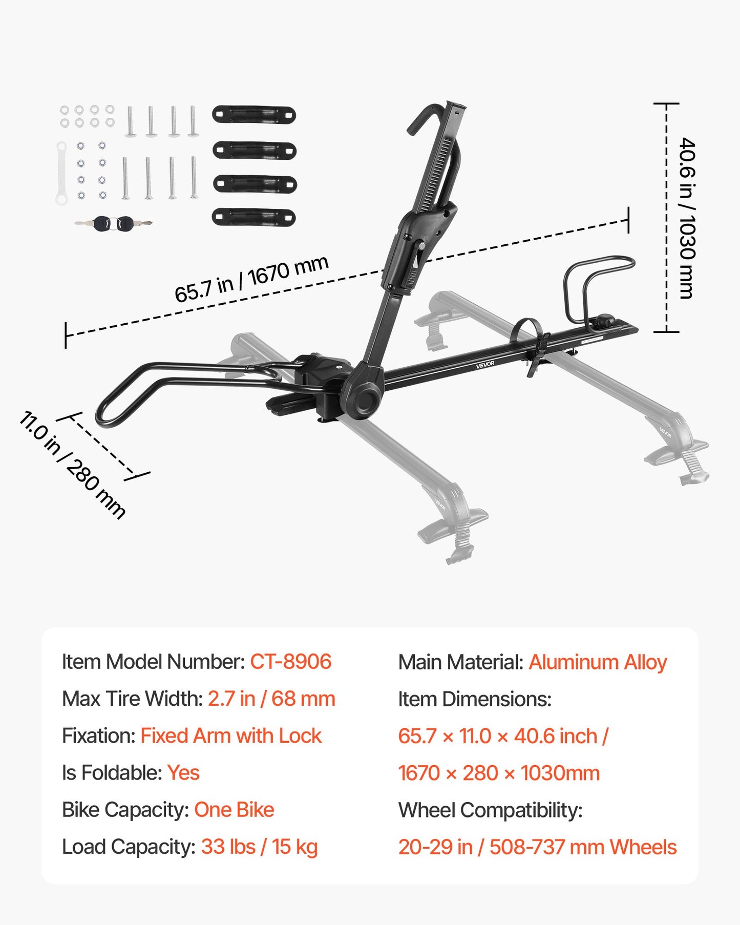 Roof Bike Rack, 15 kg Capacity, Foldable Upright Roof Mount Bicycle Rack with Locking Systems & Adjustable Arm for T-Slot Crossbars, Upright Rooftop Bike Rack 1 Bike Carrier for Car SUV, Black