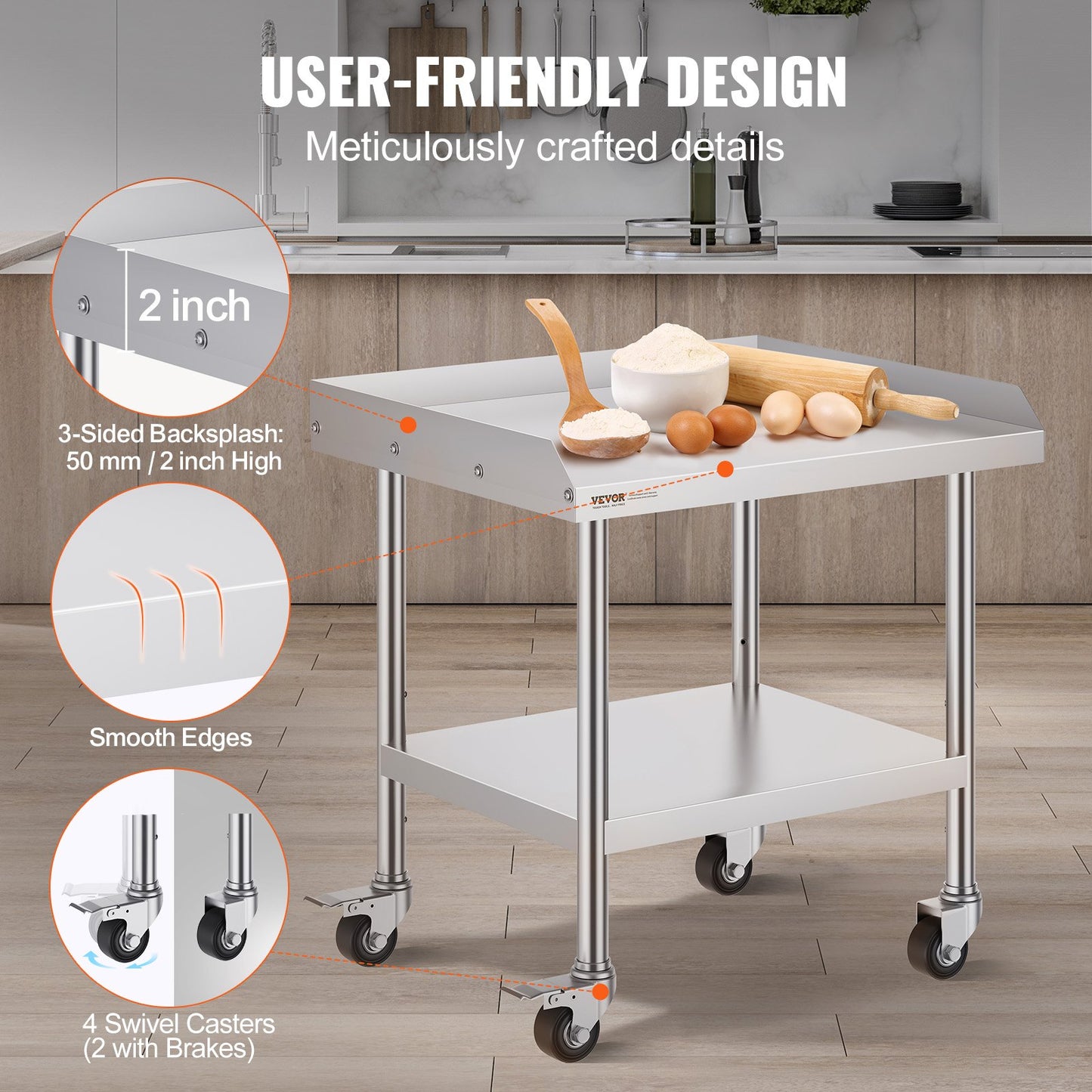 Stainless Steel Work Table 61x71.1 cm Commercial Food Prep Table W/ 4 Casters