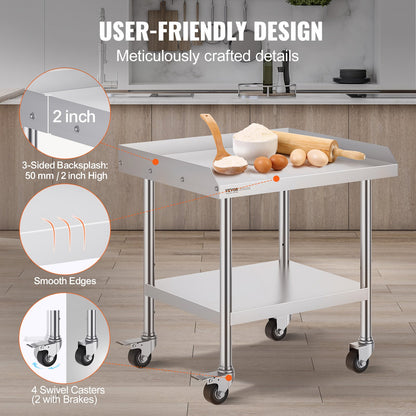 Stainless Steel Work Table 61x71.1 cm Commercial Food Prep Table W/ 4 Casters