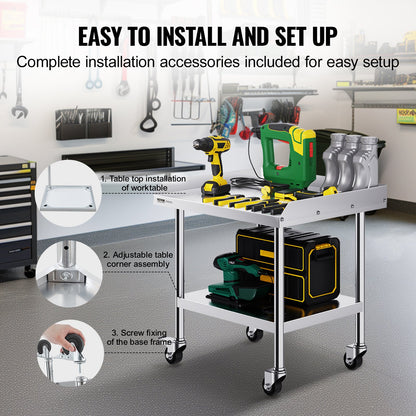 Stainless Steel Work Table 61x71.1 cm Commercial Food Prep Table W/ 4 Casters