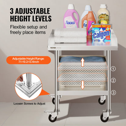 Stainless Steel Work Table 61x61 cm Commercial Food Prep Table W/ 4 Casters