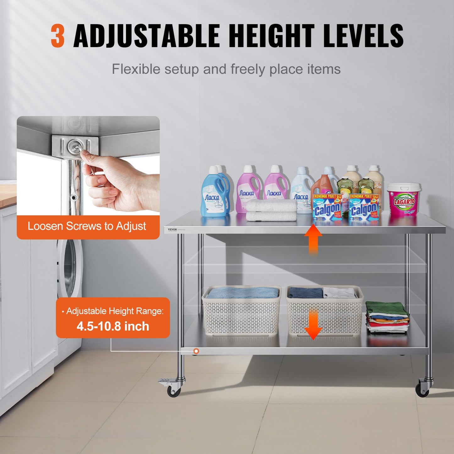 Stainless Steel Work Table 30 x 60 x 38 Inch, with 4 Wheels, 3 Adjustable Height Levels, Heavy Duty Food Prep Worktable for Commercial Kitchen Restaurant, Silver