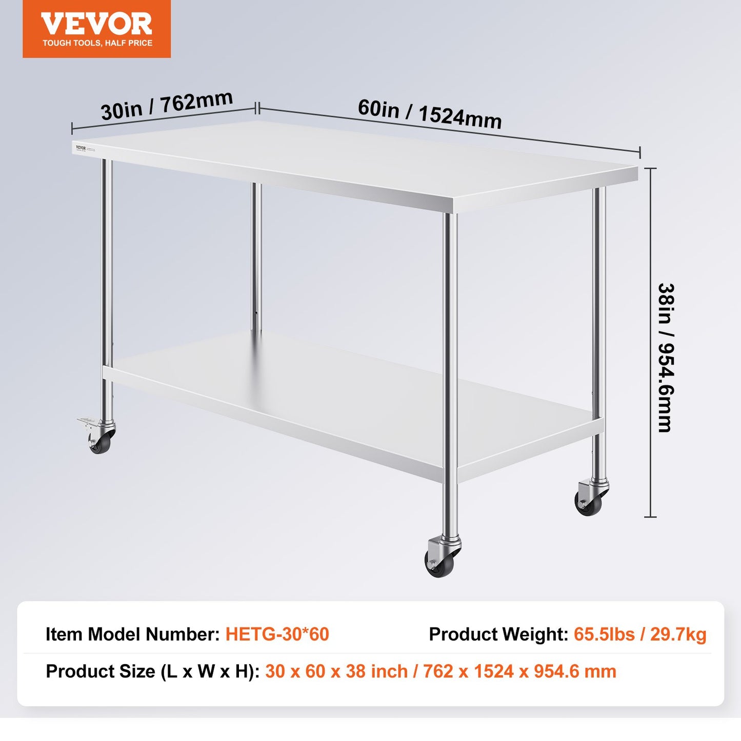 Stainless Steel Work Table 30 x 60 x 38 Inch, with 4 Wheels, 3 Adjustable Height Levels, Heavy Duty Food Prep Worktable for Commercial Kitchen Restaurant, Silver