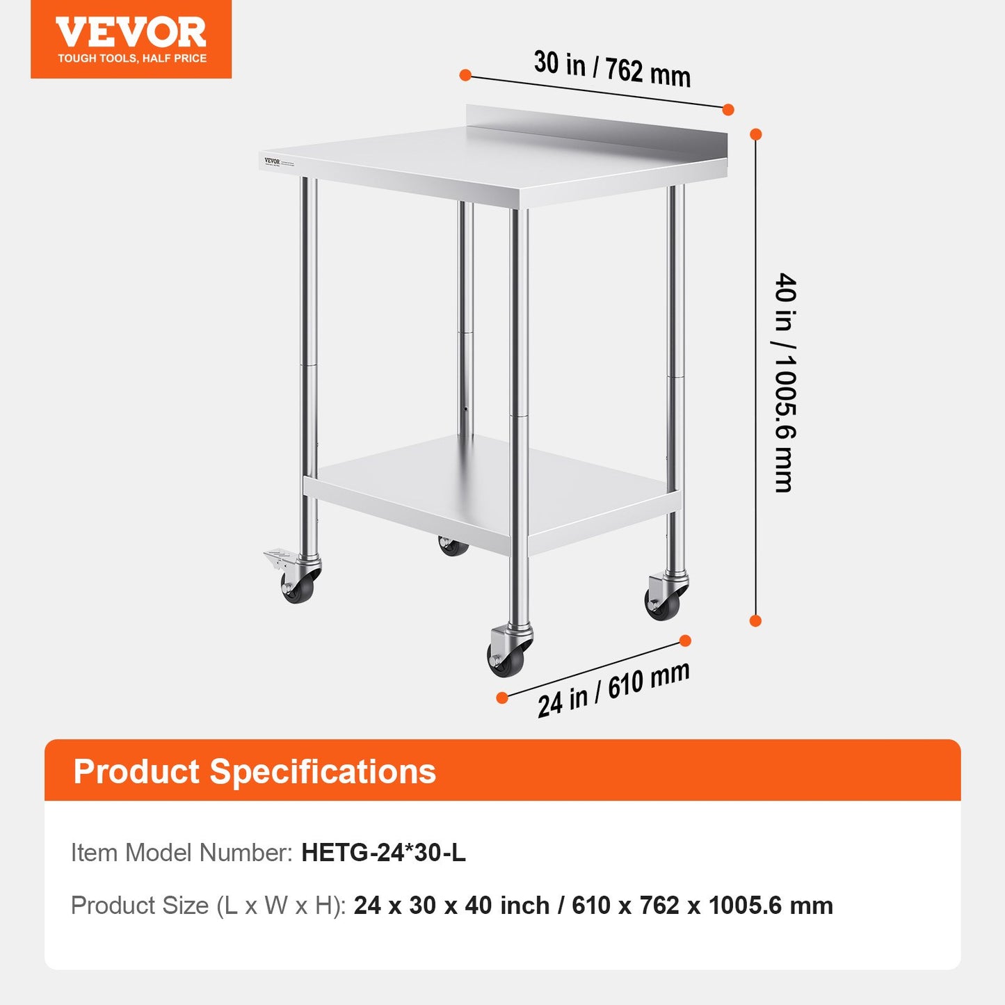 24 x 30 x 40 Inch Stainless Steel Work Table, Commercial Food Prep Worktable with Casters, Heavy Duty Prep Worktable, Metal Work Table with Adjustable Height for Restaurant, Home and Hotel