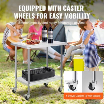 Stainless Steel Work Table 24 x 36 x 38 Inch, with 4 Wheels, 3 Adjustable Height Levels, Heavy Duty Food Prep Worktable for Commercial Kitchen Restaurant, Silver