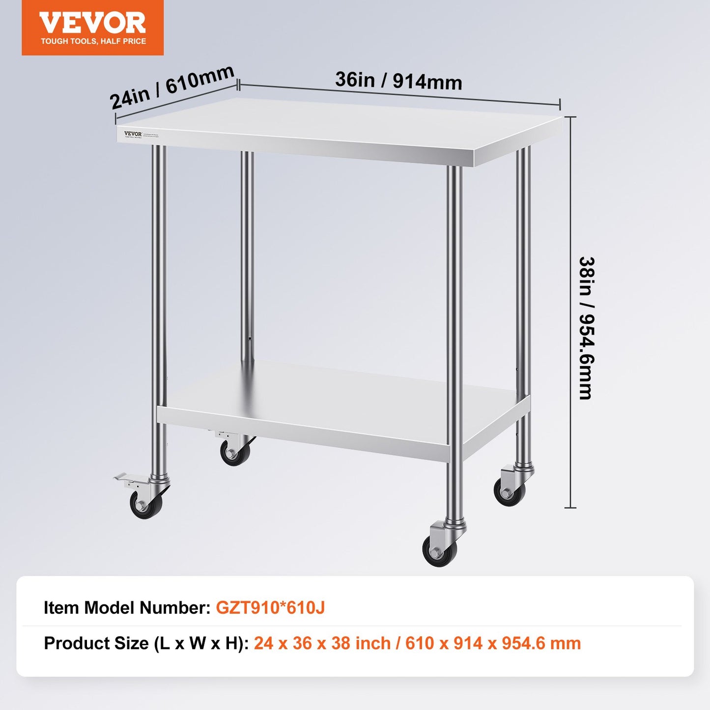 Stainless Steel Work Table 24 x 36 x 38 Inch, with 4 Wheels, 3 Adjustable Height Levels, Heavy Duty Food Prep Worktable for Commercial Kitchen Restaurant, Silver