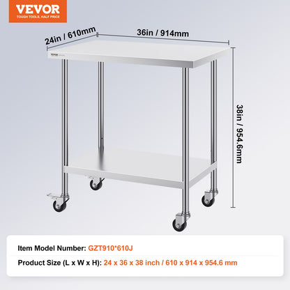 Stainless Steel Work Table 24 x 36 x 38 Inch, with 4 Wheels, 3 Adjustable Height Levels, Heavy Duty Food Prep Worktable for Commercial Kitchen Restaurant, Silver