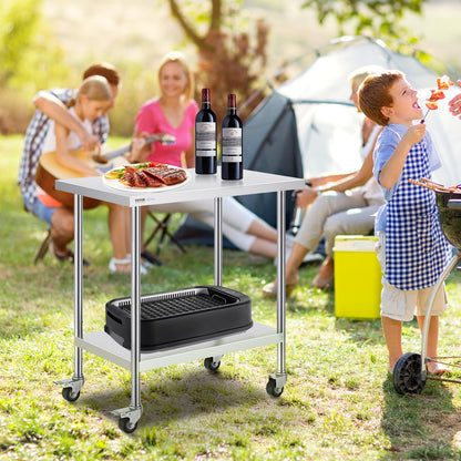 Stainless Steel Work Table 24 x 36 x 38 Inch, with 4 Wheels, 3 Adjustable Height Levels, Heavy Duty Food Prep Worktable for Commercial Kitchen Restaurant, Silver