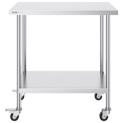 Stainless Steel Work Table 24 x 36 x 38 Inch, with 4 Wheels, 3 Adjustable Height Levels, Heavy Duty Food Prep Worktable for Commercial Kitchen Restaurant, Silver