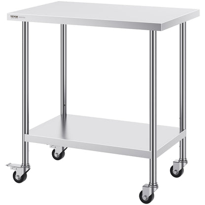 Stainless Steel Work Table 24 x 36 x 38 Inch, with 4 Wheels, 3 Adjustable Height Levels, Heavy Duty Food Prep Worktable for Commercial Kitchen Restaurant, Silver
