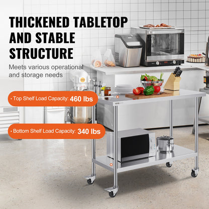 Stainless Steel Work Table 24 x 48 x 38 Inch, with 4 Wheels, 3 Adjustable Height Levels, Heavy Duty Food Prep Worktable for Commercial Kitchen Restaurant, Silver