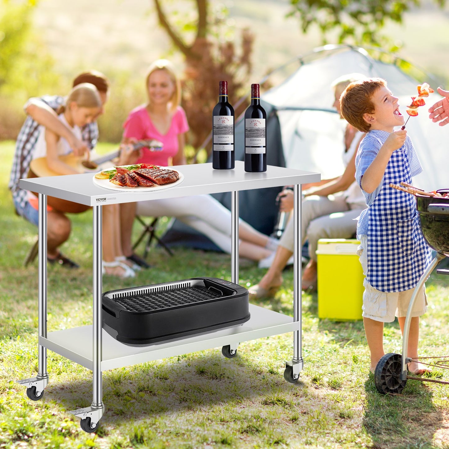 Stainless Steel Work Table 24 x 48 x 38 Inch, with 4 Wheels, 3 Adjustable Height Levels, Heavy Duty Food Prep Worktable for Commercial Kitchen Restaurant, Silver