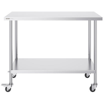 Stainless Steel Work Table 24 x 48 x 38 Inch, with 4 Wheels, 3 Adjustable Height Levels, Heavy Duty Food Prep Worktable for Commercial Kitchen Restaurant, Silver