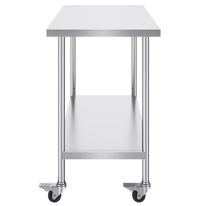 Stainless Steel Work Table 24 x 48 x 38 Inch, with 4 Wheels, 3 Adjustable Height Levels, Heavy Duty Food Prep Worktable for Commercial Kitchen Restaurant, Silver