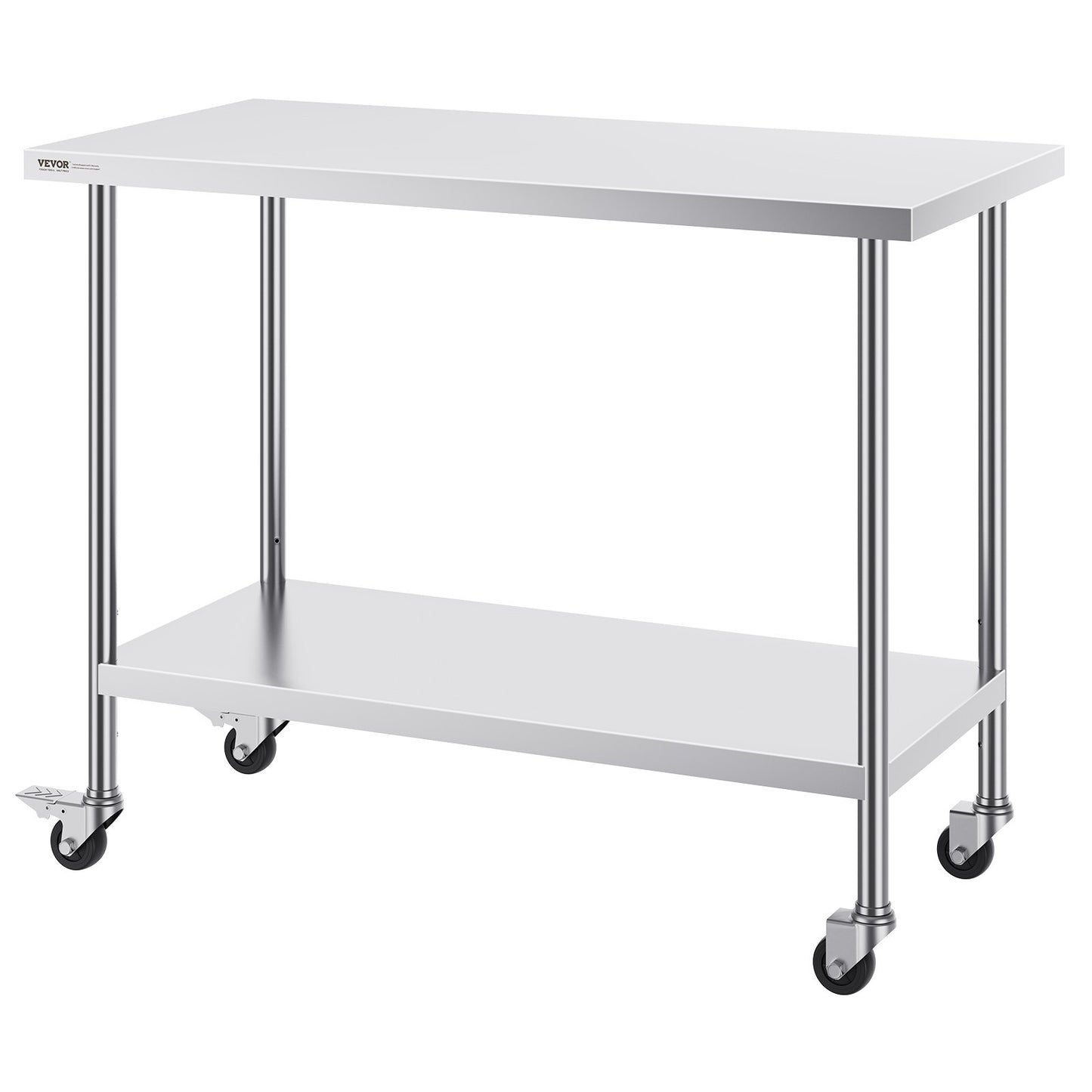 Stainless Steel Work Table 24 x 48 x 38 Inch, with 4 Wheels, 3 Adjustable Height Levels, Heavy Duty Food Prep Worktable for Commercial Kitchen Restaurant, Silver