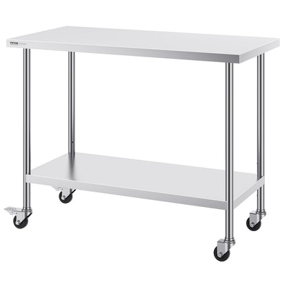 Stainless Steel Work Table 24 x 48 x 38 Inch, with 4 Wheels, 3 Adjustable Height Levels, Heavy Duty Food Prep Worktable for Commercial Kitchen Restaurant, Silver