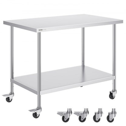 Stainless Steel Work Table 30 x 48 x 38 Inch, with 4 Wheels, 3 Adjustable Height Levels, Heavy Duty Food Prep Worktable for Commercial Kitchen Restaurant, Silver