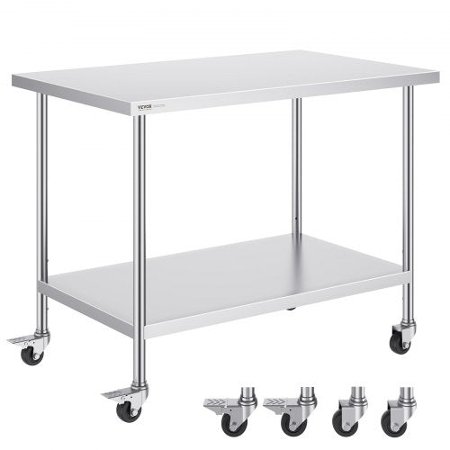 Stainless Steel Work Table 30 x 48 x 38 Inch, with 4 Wheels, 3 Adjustable Height Levels, Heavy Duty Food Prep Worktable for Commercial Kitchen Restaurant, Silver
