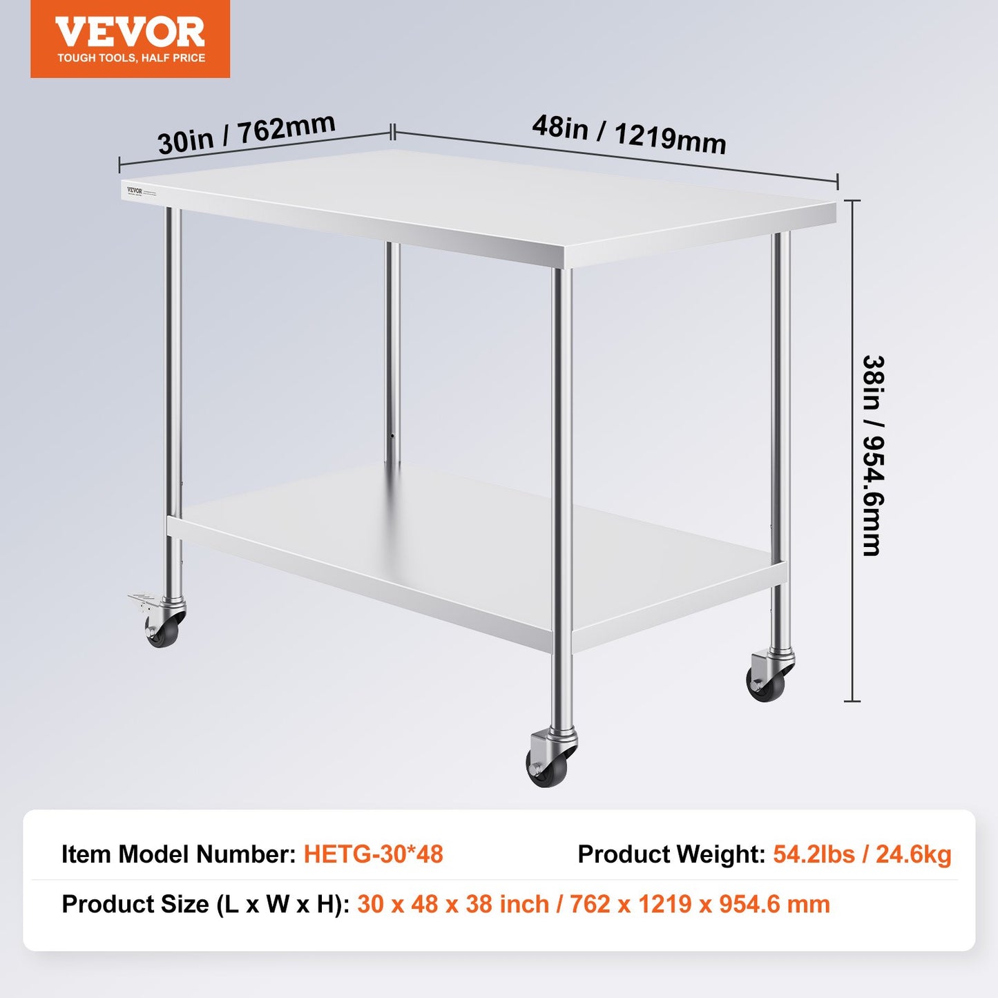 Stainless Steel Work Table 30 x 48 x 38 Inch, with 4 Wheels, 3 Adjustable Height Levels, Heavy Duty Food Prep Worktable for Commercial Kitchen Restaurant, Silver
