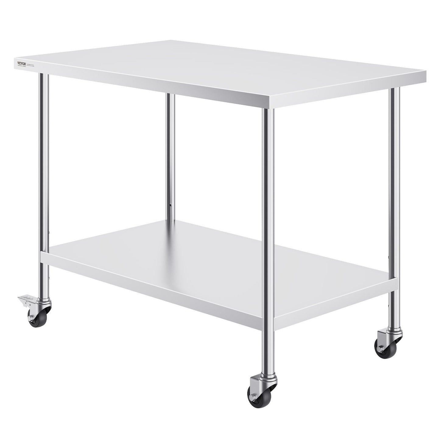 Stainless Steel Work Table 30 x 48 x 38 Inch, with 4 Wheels, 3 Adjustable Height Levels, Heavy Duty Food Prep Worktable for Commercial Kitchen Restaurant, Silver