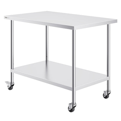 Stainless Steel Work Table 30 x 48 x 38 Inch, with 4 Wheels, 3 Adjustable Height Levels, Heavy Duty Food Prep Worktable for Commercial Kitchen Restaurant, Silver
