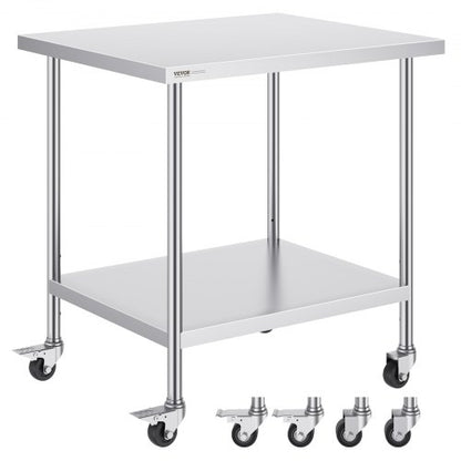 Stainless Steel Work Table 30 x 36 x 38 Inch, with 4 Wheels, 3 Adjustable Height Levels, Heavy Duty Food Prep Worktable for Commercial Kitchen Restaurant, Silver