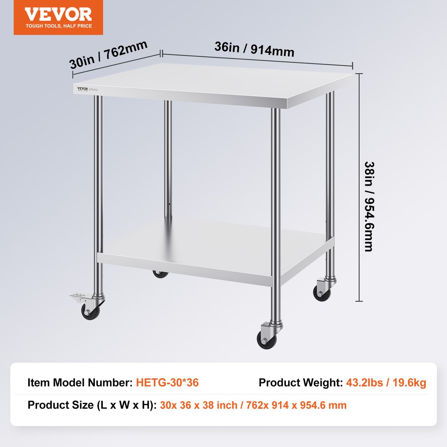 Stainless Steel Work Table 30 x 36 x 38 Inch, with 4 Wheels, 3 Adjustable Height Levels, Heavy Duty Food Prep Worktable for Commercial Kitchen Restaurant, Silver