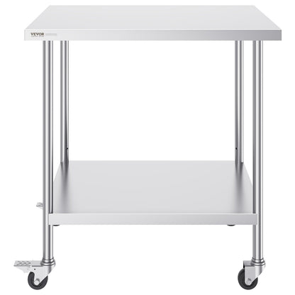 Stainless Steel Work Table 30 x 36 x 38 Inch, with 4 Wheels, 3 Adjustable Height Levels, Heavy Duty Food Prep Worktable for Commercial Kitchen Restaurant, Silver
