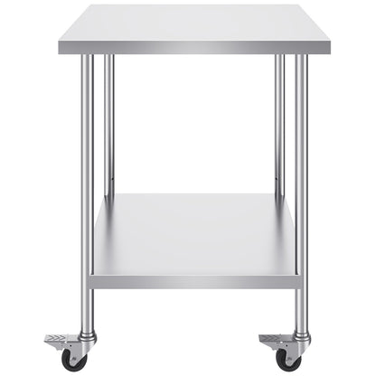 Stainless Steel Work Table 30 x 36 x 38 Inch, with 4 Wheels, 3 Adjustable Height Levels, Heavy Duty Food Prep Worktable for Commercial Kitchen Restaurant, Silver