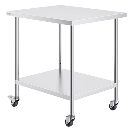 Stainless Steel Work Table 30 x 36 x 38 Inch, with 4 Wheels, 3 Adjustable Height Levels, Heavy Duty Food Prep Worktable for Commercial Kitchen Restaurant, Silver
