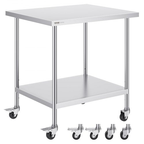 Stainless Steel Work Table 30 x 18 x 38 Inch, with 4 Wheels, 3 Adjustable Height Levels, Heavy Duty Food Prep Worktable for Commercial Kitchen Restaurant, Silver
