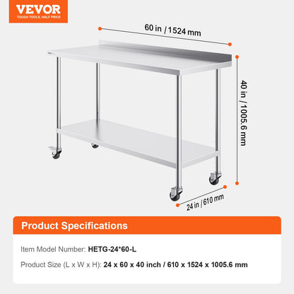 24 x 60 x 40 Inch Stainless Steel Work Table, Commercial Food Prep Worktable with Casters, Heavy Duty Prep Worktable, Metal Work Table with Adjustable Height for Restaurant, Home and Hotel