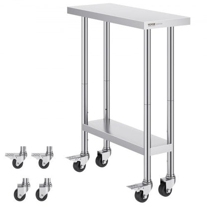 Stainless Steel Work Table 30 x 12 x 38 Inch, with 4 Wheels, 3 Adjustable Height Levels, Heavy Duty Food Prep Worktable for Commercial Kitchen Restaurant, Silver