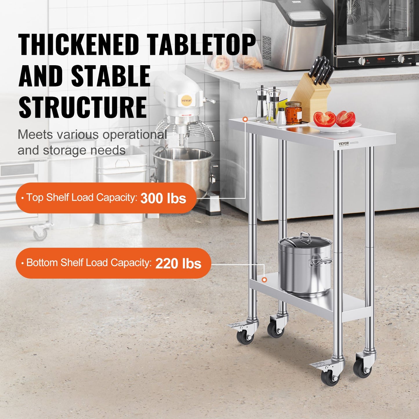 Stainless Steel Work Table 30 x 12 x 38 Inch, with 4 Wheels, 3 Adjustable Height Levels, Heavy Duty Food Prep Worktable for Commercial Kitchen Restaurant, Silver