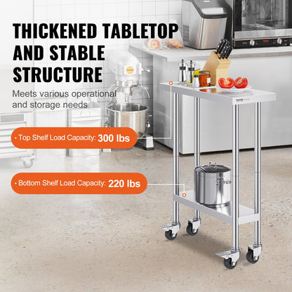 Stainless Steel Work Table 30 x 12 x 38 Inch, with 4 Wheels, 3 Adjustable Height Levels, Heavy Duty Food Prep Worktable for Commercial Kitchen Restaurant, Silver