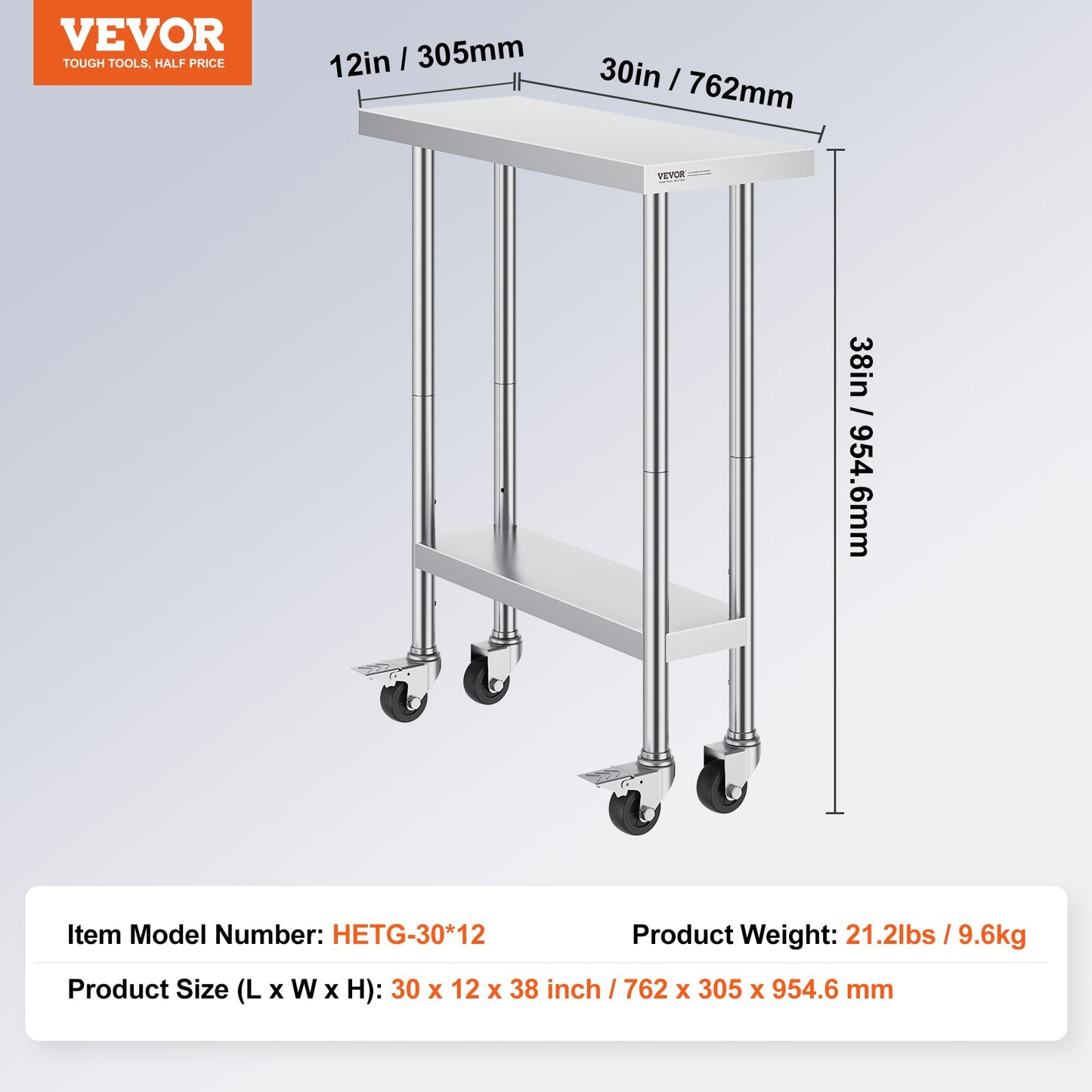 Stainless Steel Work Table 30 x 12 x 38 Inch, with 4 Wheels, 3 Adjustable Height Levels, Heavy Duty Food Prep Worktable for Commercial Kitchen Restaurant, Silver