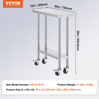 Stainless Steel Work Table 30 x 12 x 38 Inch, with 4 Wheels, 3 Adjustable Height Levels, Heavy Duty Food Prep Worktable for Commercial Kitchen Restaurant, Silver