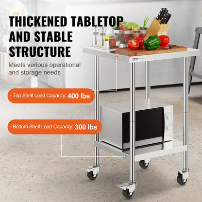 Stainless Steel Work Table 24 x 24 x 38 Inch, with 4 Wheels, 3 Adjustable Height Levels, Heavy Duty Food Prep Worktable for Commercial Kitchen Restaurant, Silver
