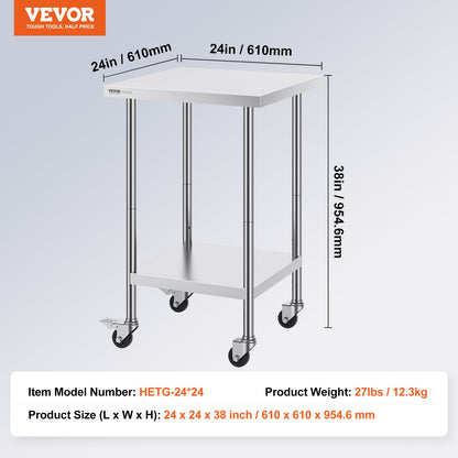 Stainless Steel Work Table 24 x 24 x 38 Inch, with 4 Wheels, 3 Adjustable Height Levels, Heavy Duty Food Prep Worktable for Commercial Kitchen Restaurant, Silver