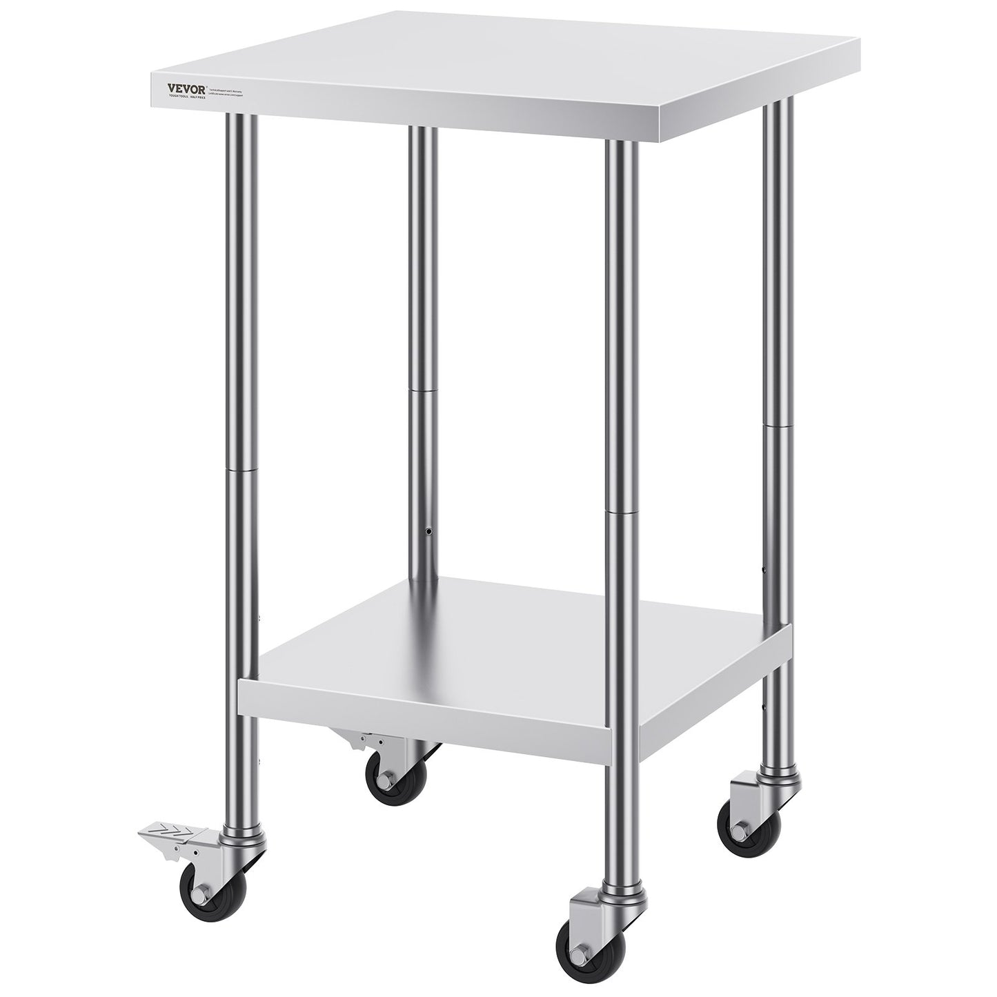 Stainless Steel Work Table 24 x 24 x 38 Inch, with 4 Wheels, 3 Adjustable Height Levels, Heavy Duty Food Prep Worktable for Commercial Kitchen Restaurant, Silver