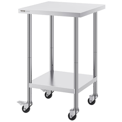 Stainless Steel Work Table 24 x 24 x 38 Inch, with 4 Wheels, 3 Adjustable Height Levels, Heavy Duty Food Prep Worktable for Commercial Kitchen Restaurant, Silver