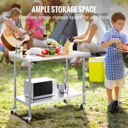 24 x 48 x 40 Inch Stainless Steel Work Table, Commercial Food Prep Worktable with Casters, Heavy Duty Prep Worktable, Metal Work Table with Adjustable Height for Restaurant, Home and Hotel