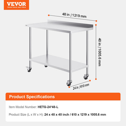 24 x 48 x 40 Inch Stainless Steel Work Table, Commercial Food Prep Worktable with Casters, Heavy Duty Prep Worktable, Metal Work Table with Adjustable Height for Restaurant, Home and Hotel