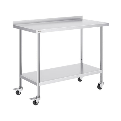 24 x 48 x 40 Inch Stainless Steel Work Table, Commercial Food Prep Worktable with Casters, Heavy Duty Prep Worktable, Metal Work Table with Adjustable Height for Restaurant, Home and Hotel