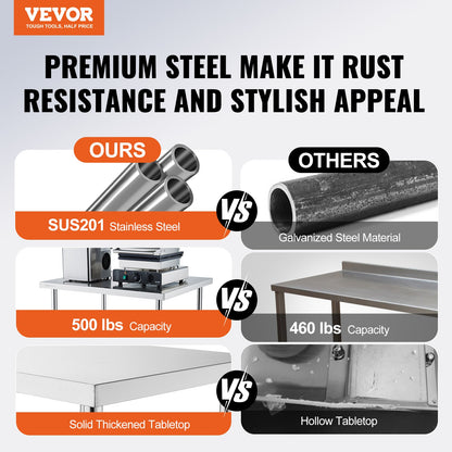 Stainless Steel Work Table 24 x 12 x 38 Inch, with 4 Wheels, 3 Adjustable Height Levels, Heavy Duty Food Prep Worktable for Commercial Kitchen Restaurant, Silver