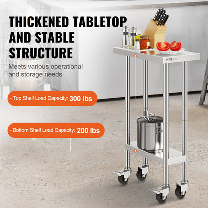 Stainless Steel Work Table 24 x 12 x 38 Inch, with 4 Wheels, 3 Adjustable Height Levels, Heavy Duty Food Prep Worktable for Commercial Kitchen Restaurant, Silver