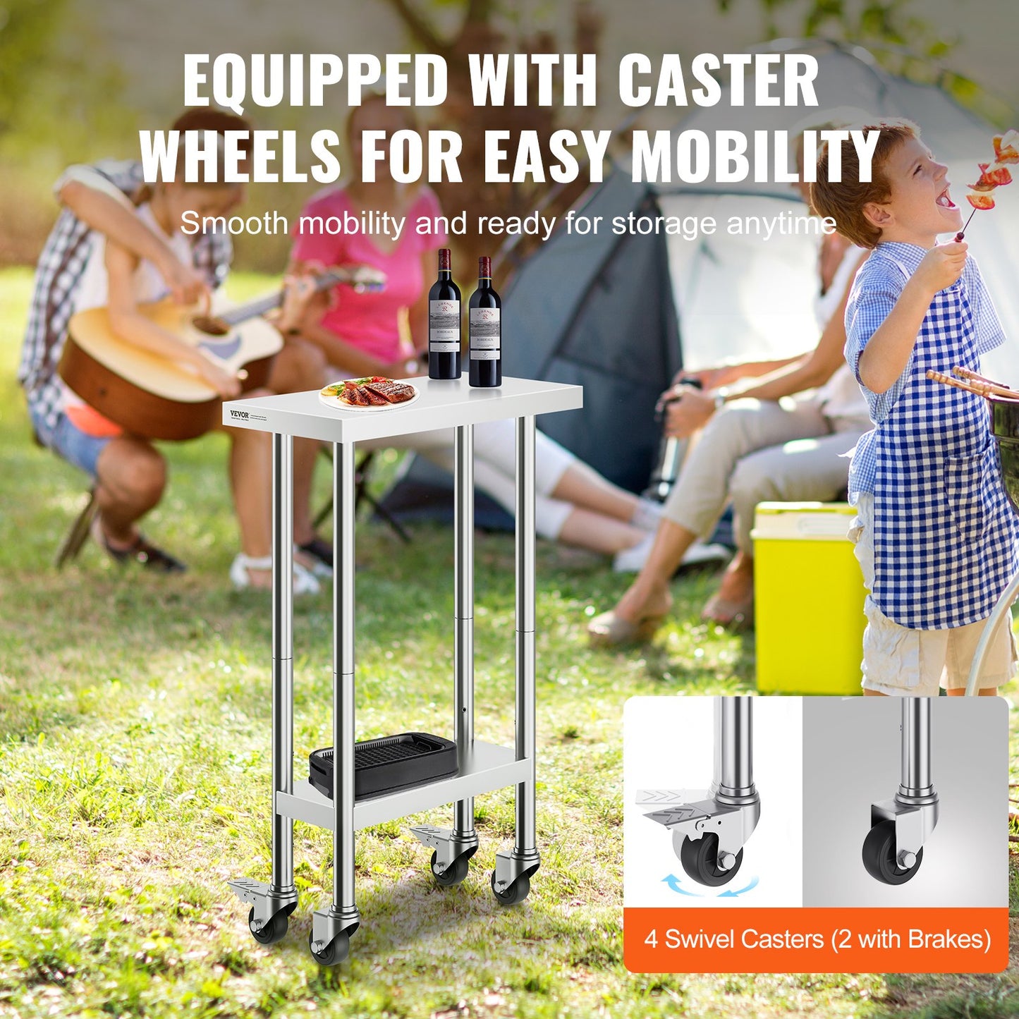 Stainless Steel Work Table 24 x 12 x 38 Inch, with 4 Wheels, 3 Adjustable Height Levels, Heavy Duty Food Prep Worktable for Commercial Kitchen Restaurant, Silver