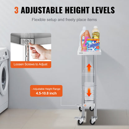 Stainless Steel Work Table 24 x 12 x 38 Inch, with 4 Wheels, 3 Adjustable Height Levels, Heavy Duty Food Prep Worktable for Commercial Kitchen Restaurant, Silver