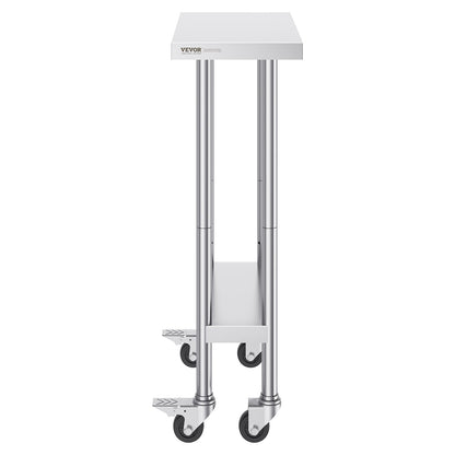 Stainless Steel Work Table 24 x 12 x 38 Inch, with 4 Wheels, 3 Adjustable Height Levels, Heavy Duty Food Prep Worktable for Commercial Kitchen Restaurant, Silver